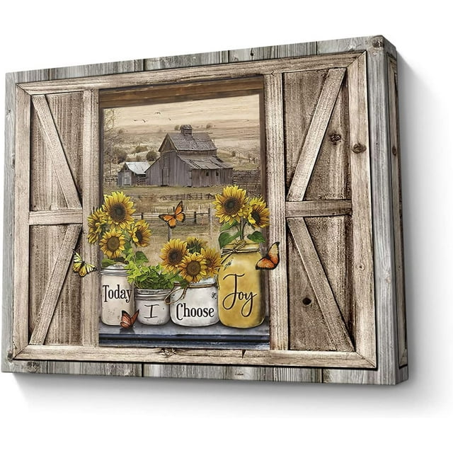 Sunflower Wall Art Canvas Print Rustic Wall Decor Faux Barn Doors ...