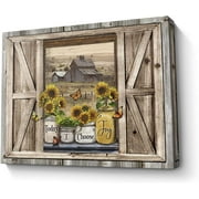 Sunflower Wall Art Canvas Print Rustic Wall Decor Faux Barn Doors Sunflower Jars On Barn Painting Picture Framed Modern Farmhouse Artwork for Living Room Bedroom Bathroom Office Home Decor 12x16 In