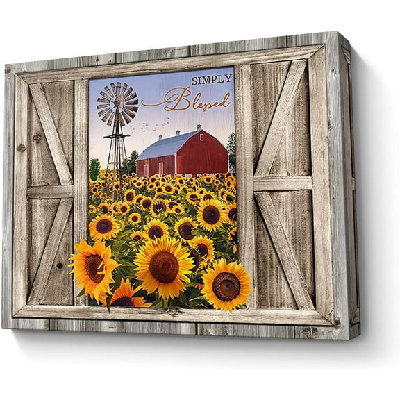 Sunflower Wall Art Canvas Print Rustic Wall Decor Sunflower Field Red Barn And Windmill Painting Framed Modern Artwork for Living Room Bedroom Bathroom Office Home Decor 12x16 In