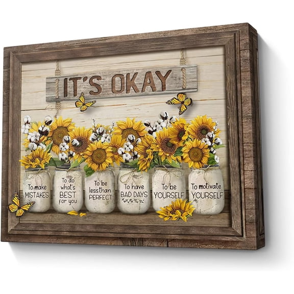 Sunflower Wall Art Canvas Print Wall Decor It''S Okay Quotes Inspirational Painting Framed Modern Artwork for Living Room Bedroom Bathroom Office Home Decor 12x16 In