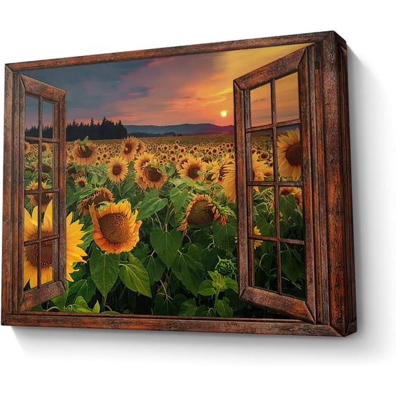 Sunflower Wall Art Canvas Print Wall Decor Sunflower Field Sunset Landscape On Wood Window Painting Framed Modern Artwork
