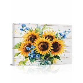 Sunflower Wall Art for Living Room,Canvas Picture Wall Decor for Bathroom Bedroom,Retro Country Garden Floral Blue Wildflower Painting Artwork for Office Kitchen Hallway Dining Room Decor 12"x16"