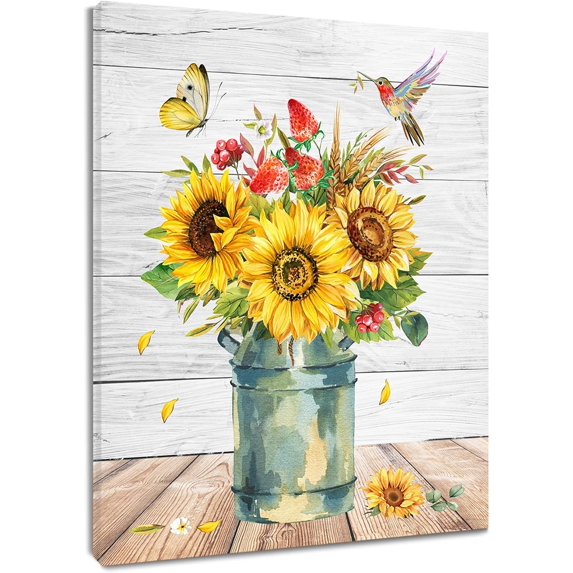 Sunflower Wall Art for Living Room, Rustic Yellow Floral and Strawberry Canvas Wall Art Butterfly and Bird on Vintage Wood Boards Abstract Painting Wall Decor for Bedroom Bathroom, 12X16 inch