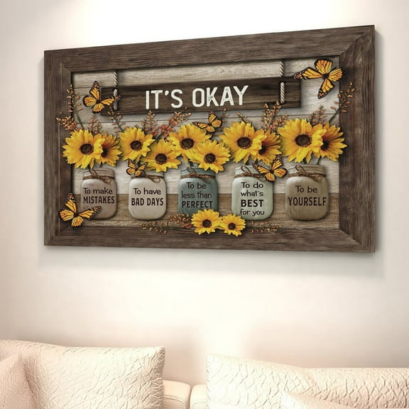 Sunflower Wall Art It's Okay Inspirational Quotes Canvas Print Wall Decor Sunflower Painting Picture Contemporary Artwork For Living Room Bedroom Bathroom Office Home Decor 12x18Inch (With Frame)