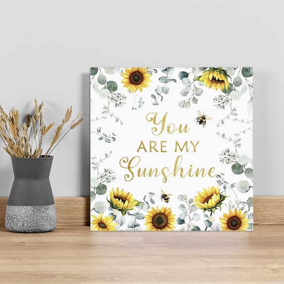 Sunflower Wall Art Painting on Canvas, Summer Botanical Green Eucalyptus Leaves Canvas Art Home Prints Wall Art Framed Modern Artwork for Living Room Bedroom Wall Decor 16x16in
