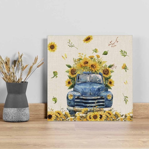 Sunflower Wall Art Painting on Canvas, Watercolor Summer Floral Truck Vintage Canvas Art Home Prints Wall Art Framed Modern Artwork for Living Room Bedroom Wall Decor 8x8in