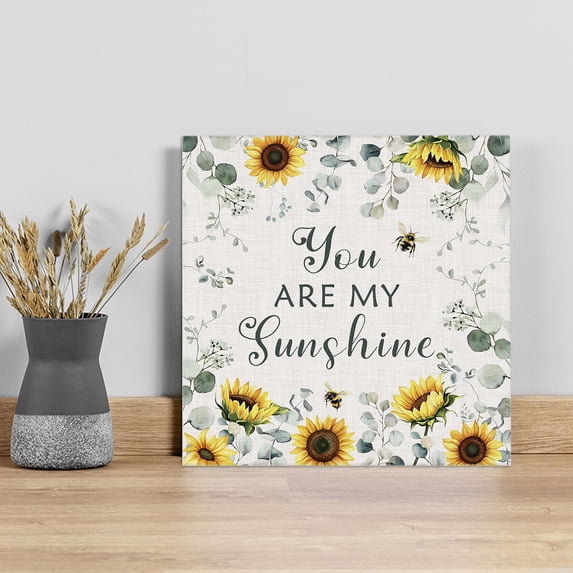 Sunflower Wall Art Painting on Canvas, Yellow Floral Summer Botanical Leaves Weeping Rustic Canvas Art Home Prints Wall Art Framed Modern Artwork for Living Room Bedroom Wall Decor 12x12in