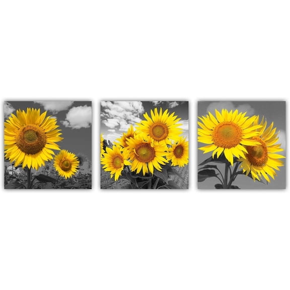 Sunflower Wall Art Yellow Flowers Canvas Prints 3 Pieces Home Decor Modern Black and White Floral Pictures for Bathroom Ready to Hang 12 x 12 Inches