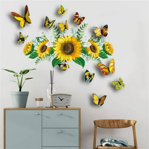 Sunflower Wall Decal With 3D Colorful Butterflies - 1 Sticker & 12 Butterflies For Living Room Bedroom Background Wall Decoration