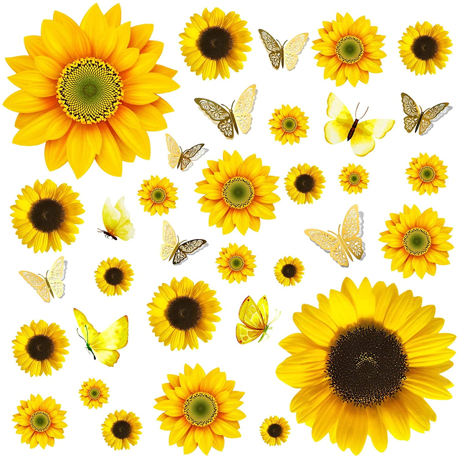 Sunflower Wall Decor - 27 PCS Sunflower Stickers for Walls with 3D Butterfly Wall Sticker Sunflower Nursery Decor Removable Yellow Flowers Decal for Kitchen Bathroom Bedroom Decoration