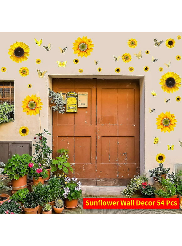 Sunflower Wall Decor Decals wall art 54 Pcs Sunflower Stickers With 3D Butterfly Wall Sticker Sunflower Nursery Decor Removable Yellow Flowers Decal For Kitchen Bathroom Bedroom wall Decoration