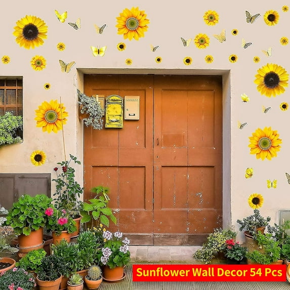 Sunflower Wall Decor Decals wall art 54 Pcs Sunflower Stickers With 3D Butterfly Wall Sticker Sunflower Nursery Decor Removable Yellow Flowers Decal For Kitchen Bathroom Bedroom wall Decoration