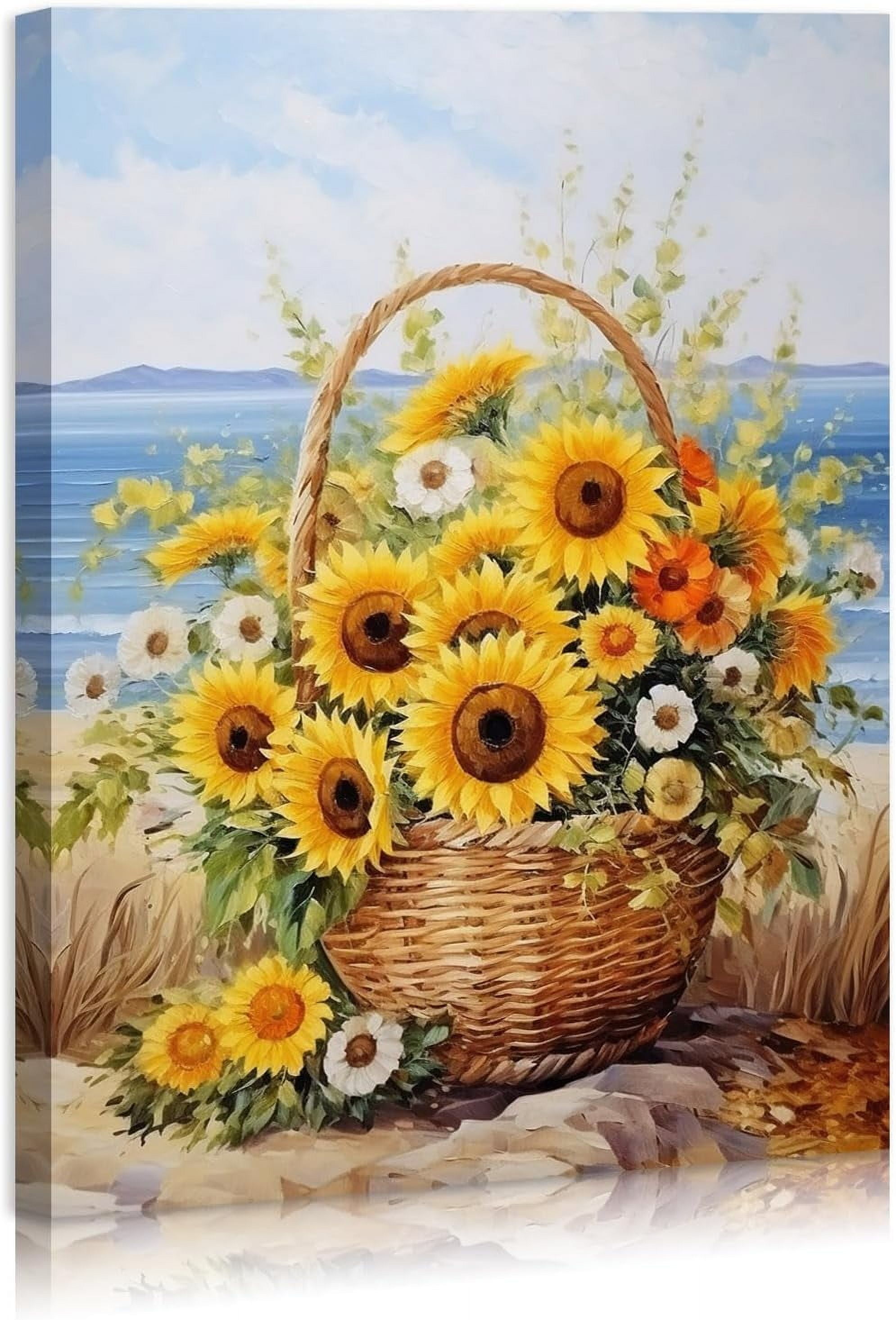 GWセール☆ TRUCK FURNITURE 草花染色　額　アートフレーム Sunflower Wall Decor Rustic Yellow Sunflower in Woven basket Beach