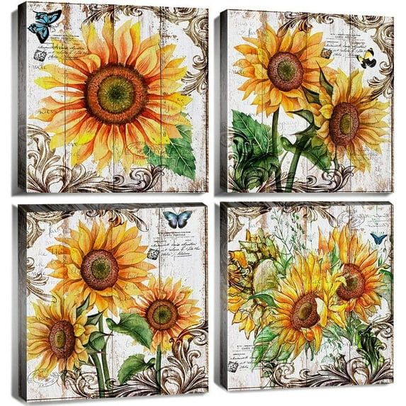 Sunflower Wall Decor Sunflower Wall Art Kitchen Decor Rustic Sunflower Pictures for Living Room Floral Posters Bathroom Bedroom Farmhouse Yellow Flower Canvas Painting Artworks Home Decorations 12x12"