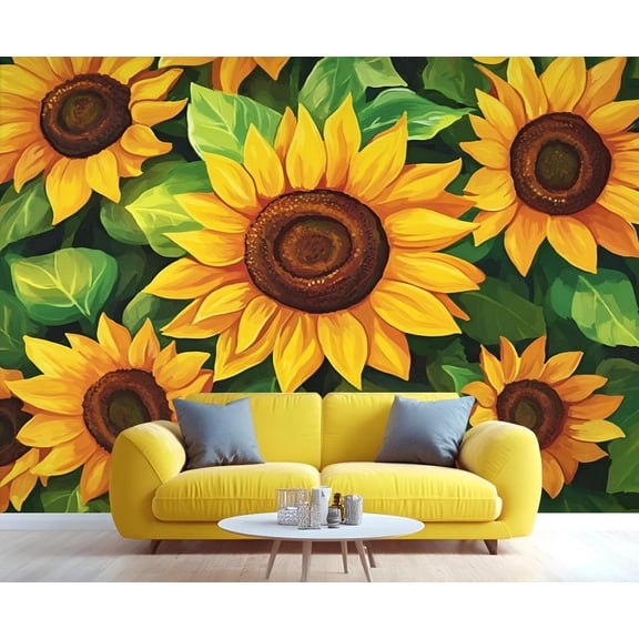 Sunflower Wall Mural - Watercolor Sunflowers Wall Murals, Oil Painting Art Hd Photo For Living Room Bedroom, Sunflower Mural 79"W x 55"H (Not Peel and Stick)