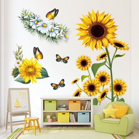 Sunflower Wall Stickers Garden Floral Wall Decals Butterfly Decor Posters Living Room Bedroom Kitchen Nursery Wall Decor