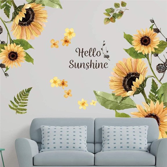 Sunflower Wall Stickers Yellow Flower Wall Decal Sunshine Green Leaves Wall Decor DIY Vinyl Self-Adhesive Mural Art for Bedroom Living Room TV Background Decoration