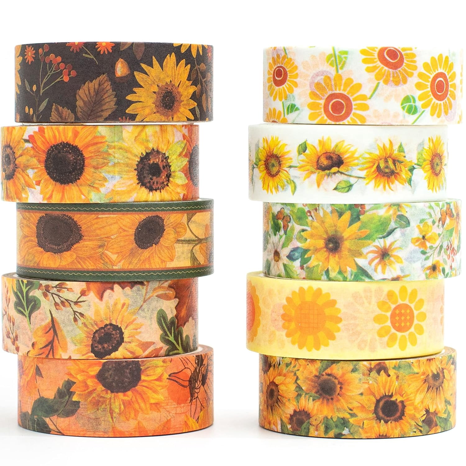 Sunflower Washi Tape Set 10 Rolls Floral Print Decorative Sun Flowers Masking Tapes for Arts, DIY Crafts, Journals, Planners, Scrapbook, Wrapping