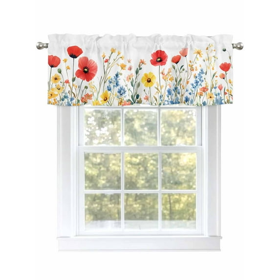Sunflower Watercolor Red Wildflower Leaves Valances Curtain Kitchen Rod Pocket Short Panels Window Treatment Topper Curtains for Living Bedroom 1 Panel 42x18 inch