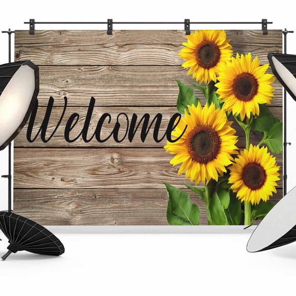 Sunflower Welcome Backdrop for Photography,Fabric Photo Background Backdrop,Farmhouse Brown Wood Grain Rustic Photo Booth Background for Portrait Photoshoot Video Wedding Studio Decor Banner 8x6ft