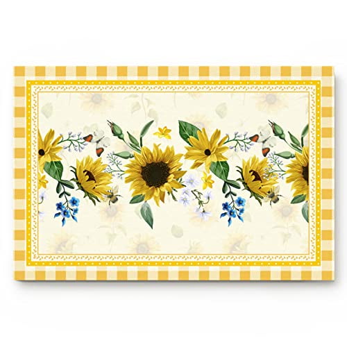 Sunflower Welcome Doormat Rustic Farmhouse Yellow Checkered Front Door Mat Non-Slip Spring Summer Decorative Flower Bathroom Rugs Entrance Floor Mats for Home Kitchen Indoor Outdoor