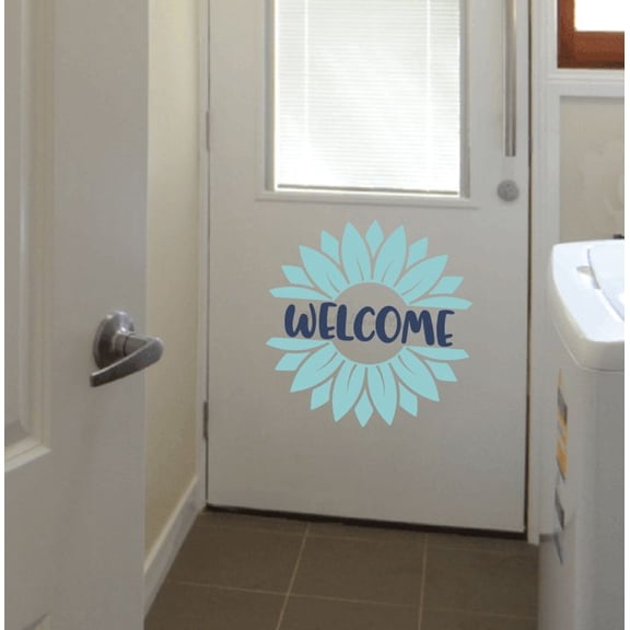 Sunflower with Welcome Entryway Decor for Wall - Inspirational Quotes for Door Porch Church - Matte Removable Vinyl Sticker for Home - Vinyl Wall Art Lettering, 18x18-Inch, Deep Blue/Beach House