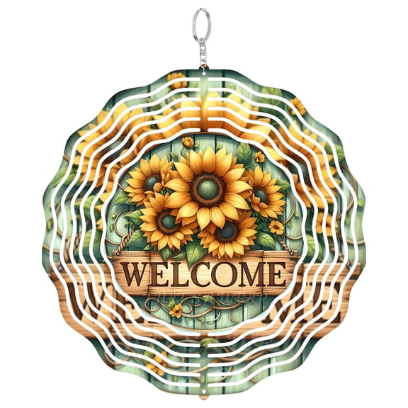 Sunflower Welcome Garden 3D Wind Spinner, Floral Home Decor, UV Printed Metal Kinetic Yard Art, Round