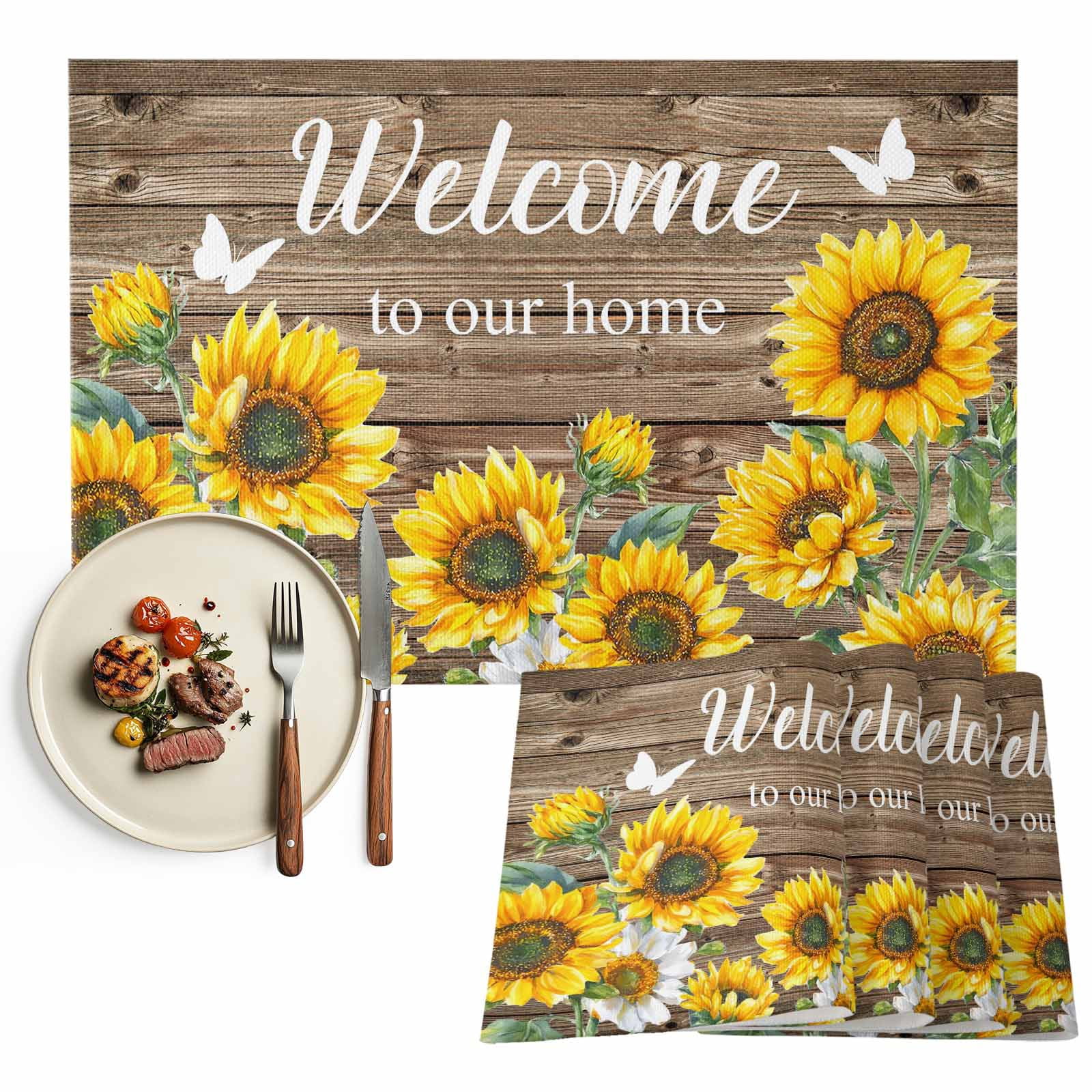 Sunflower Welcome Placemats Set of 4, Vintage Farmhouse Wood Texture ...
