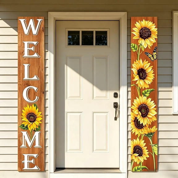 Sunflower Welcome Porch Banner Set Rustic Door Welcome Signs Weatherproof Dacron Hanging Decor Wooden-Look Front Door Couplets for Indoor and Outdoor Use