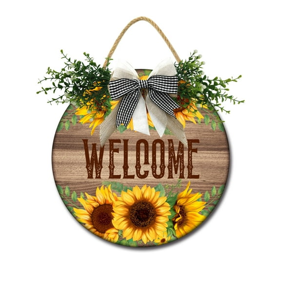 Sunflower Welcome Sign Front Door Porch Decorations, Round Rustic Wood Hanging Sign for Farmhouse Porch Outdoor Home Holiday Front Door Sign Decor