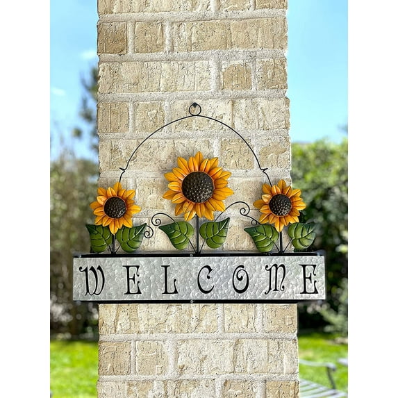 Sunflower Welcome Sign Large Door Wall Wreath Decoration Rustic Metal Indoor Outdoor 20" x 15" , Yellow Green Silver