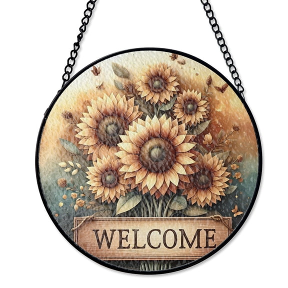 Sunflower Welcome Sunshine Floral Suncatcher Stained Glass Style UV Printed Glass Summer Garden Decor Round