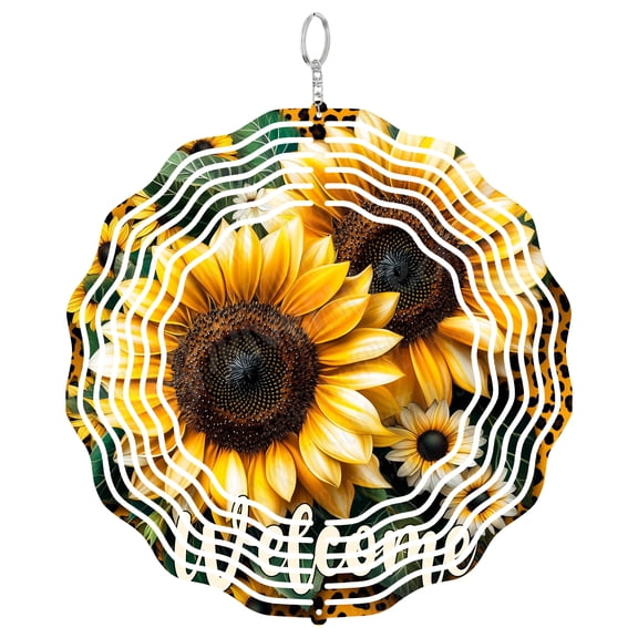 Sunflower Welcome Wind Spinner Metal Outdoor Decor Rustic Farmhouse Yellow Leopard Print