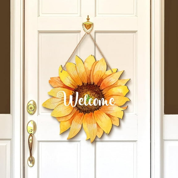 Sunflower Welcome Wood Door Hanger Large Wooden Flower Sign Inspirational Wall Porch Art Summer Fall Front Door Wreath Hanging for Bedroom Living Room Indoor Outdoor Kitchen Home Decor
