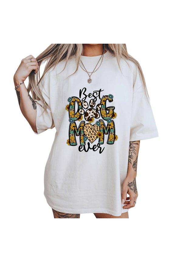 Sunflower Western Best Dog Mom Print Tshirt White S-5XL Boho Cow Print Graphic Tees Pet Lover Shirts Tops