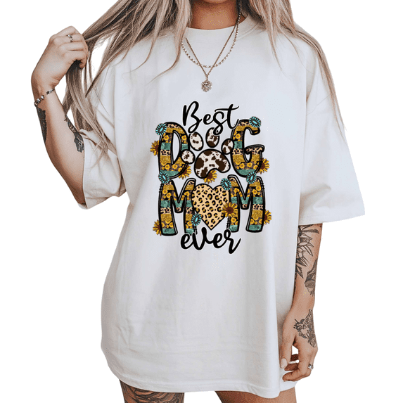 Sunflower Western Best Dog Mom Print Tshirt White S-5XL Boho Cow Print Graphic Tees Pet Lover Shirts Tops