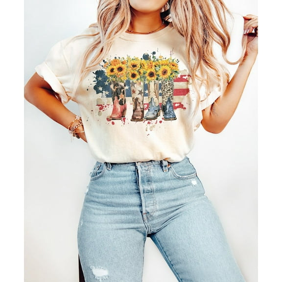 Sunflower Western T-shirt, 4th of July Girl, America Country Style, Girly Rodeo Shirt, Retro Patriotic Tee