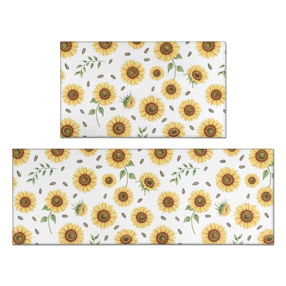 Sunflower White Pattern Anti Fatigue Kitchen Rugs Set Of 2, Non Slip Washable Decorative Floor Mats for Kitchen Sink Laundry, 17"x30" and 17"x47"