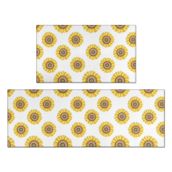 Sunflower White Pattern Anti Fatigue Kitchen Rugs Set Of 2, Non Slip Washable Decorative Floor Mats for Kitchen Sink Laundry, 17"x30" and 17"x47"