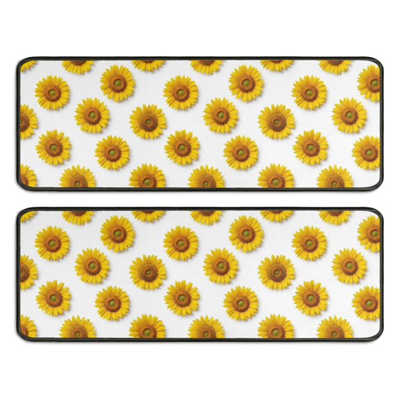 Sunflower White Pattern Anti Fatigue Kitchen Rugs Set Of 2, Non Slip Washable Decorative Floor Mats for Sink Laundry and Home Use, 17"x47"