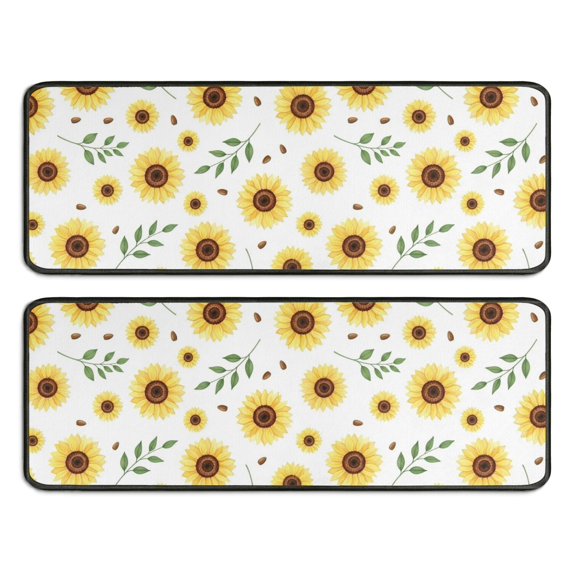 Sunflower White Pattern Anti Fatigue Kitchen Rugs Set Of 2, Non Slip Washable Decorative Floor Mats for Sink Laundry and Home Use, 17"x47"
