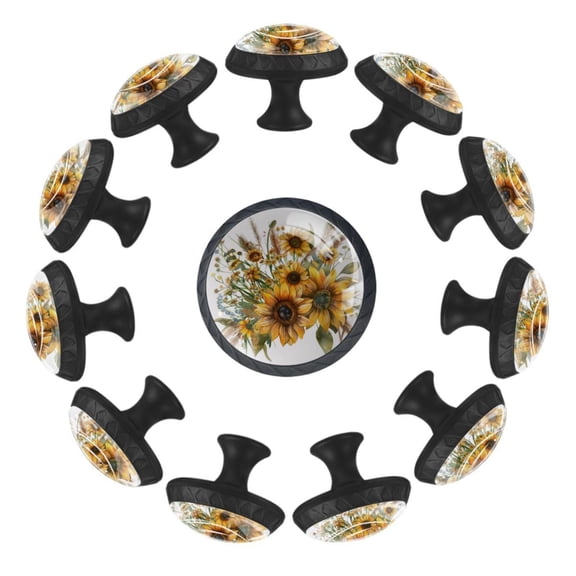 Sunflower Wildflowers 35MM Round Glass Cabinet Knobs, Kitchen Knobs for Drawer Dresser Cupboard Wardrobe Modern Pulls Handles Hardware, Set of 12