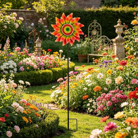 Sunflower Wind Spinner for Outdoor, 48 Inch Metal Pinwheel with Stake, 360 Rotating Windmill Yard Art for Garden Lawn Patio, Orange