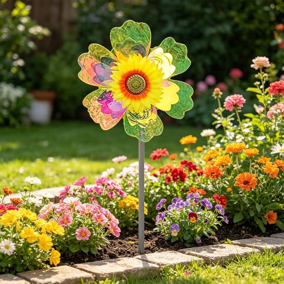 Sunflower Windmill Handheld Outdoor Spinner Colorful Rotating Garden Decoration Prop Plastic Wind Spinner for Patio Lawn Yard Balcony Kindergarten Picnic Festival Home Decor Front Yard Whirl Home