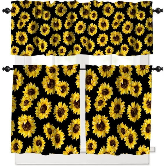 Sunflower Window Curtain Set, Vintage Shabby Chic Floral Sunflower Window Valances and Tier Set for Home Kitchen Living Room Café Décor 54''x18'' & 27''x36''x2, 3 Panels