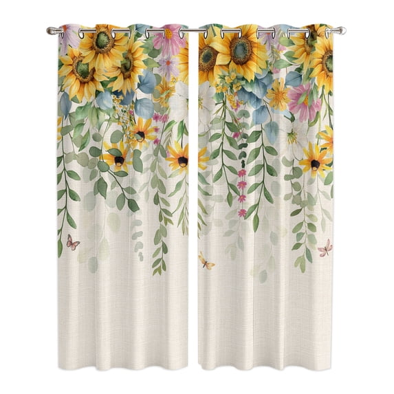 Sunflower Window Curtains Panels with Silver Grommet, Rustic Summer Botanical Eucalyptus Leaf Kitchen Cafe Curtain Draperies Window Treatment Set for Living Room/Bedroom/Laundry Room/Bathroom, 84x84