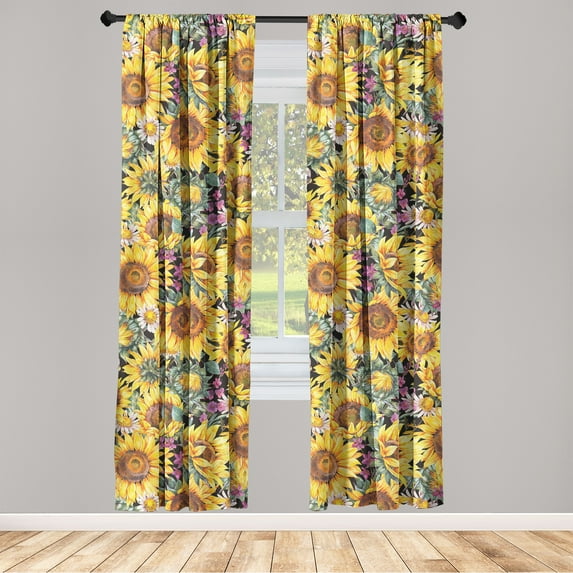 Sunflower Window Curtains, Vintage Look Floral Ornament of Summer Colorful Flowers Print, Lightweight Decor 2-Panel Set with Rod Pocket, Pair of - 28"x84", Mustard Purple and Sea Green, by Ambesonne