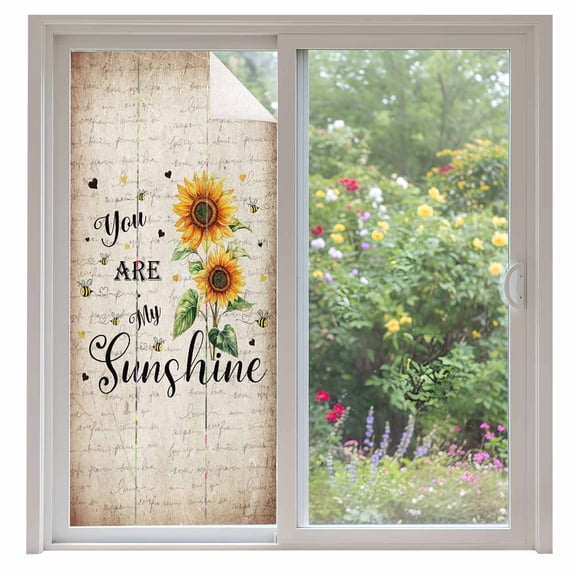 Sunflower Window Privacy Film Bee Sunshine Farmhouse Vintage Old Newspaper Decorative Glass Window Film UV Blocking Static Cling Non-Adhesive Sticker Covering for Home Door 35.4x78.7 inches