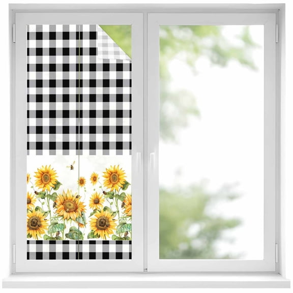 Sunflower Window Privacy Film, Black White Buffalo Plaid Check Country Bee Static Cling UV Sun Blocking Heat Control Window Tint Day and Night,Non-Adhesive One Way Windows Privacy Cover 19.6''x39.3''