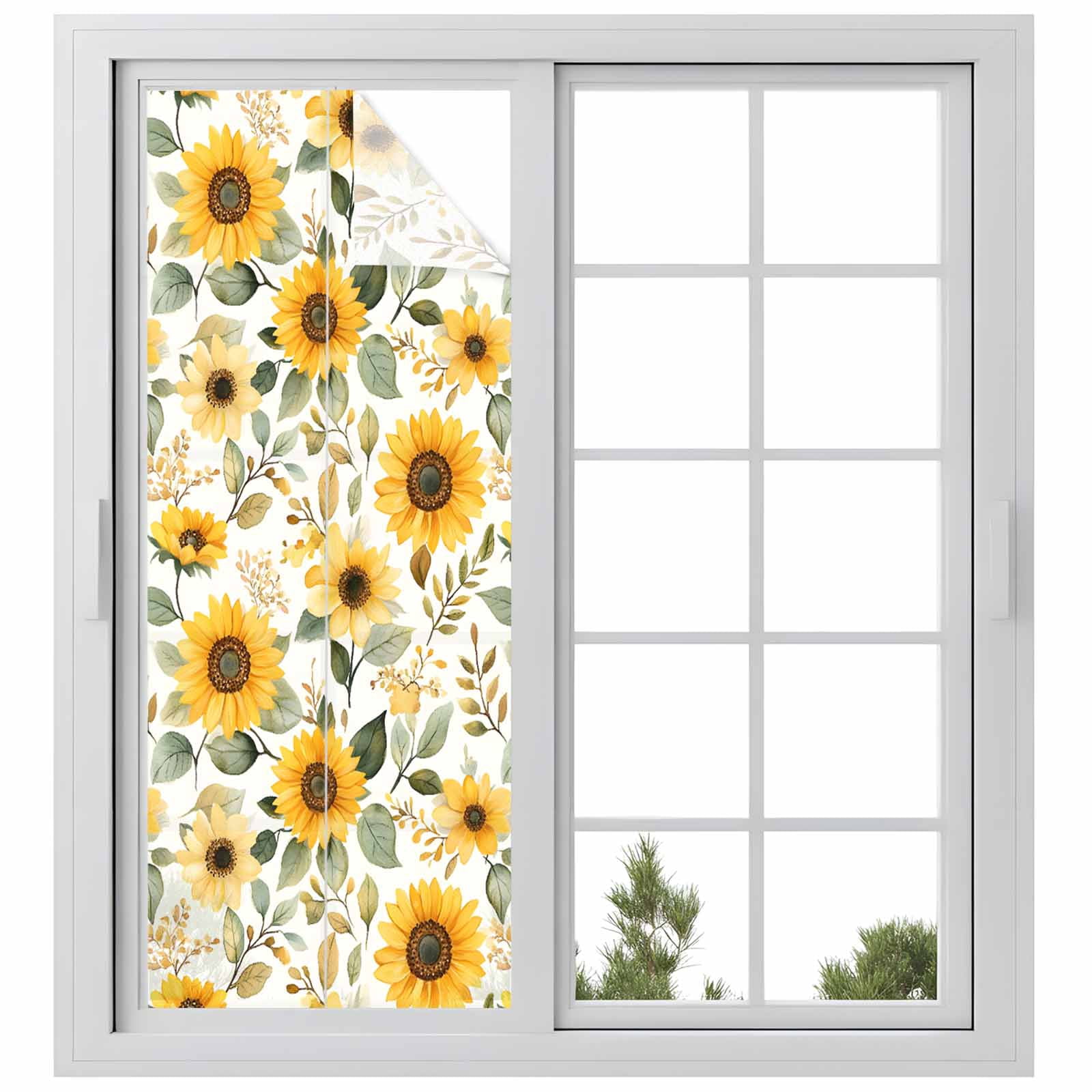 Sunflower Window Privacy Film, Farmhouse Spring Summer Botanical Static Cling UV Sun Blocking Heat Control Window Tint Day and Night, Non-Adhesive Reusable One Way Windows Privacy Cover 23.6''x59''